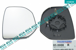 Вкладыш зеркала заднего вида правый с подогревом Peugeot / ПЕЖО PARTNER B9 2008- / ПАРТНЕР Б9 08- 1.6VTi  (1598 куб.см)